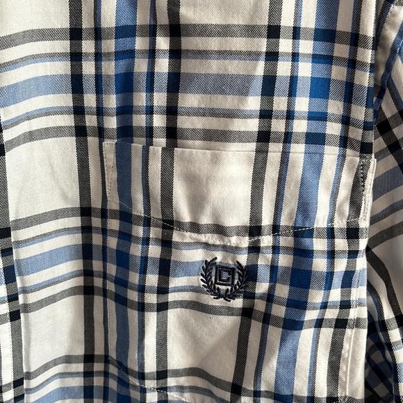 Chaps easy care men’s button down. Navy blue, royal blue and white plaid. - Picture 3 of 3